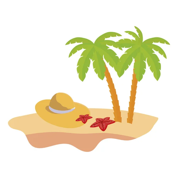 summer beach scene with tree palms and straw hat