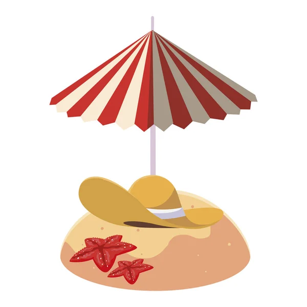 Summer sand beach with umbrella and straw hat — Stock Vector