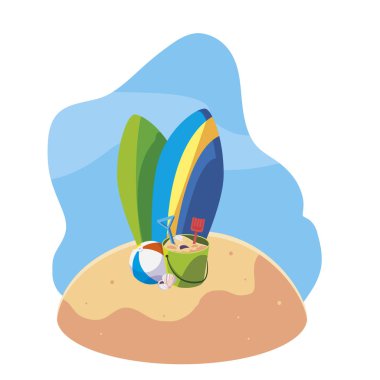 sörf panoları ve set simgeleri ile yaz kum plaj