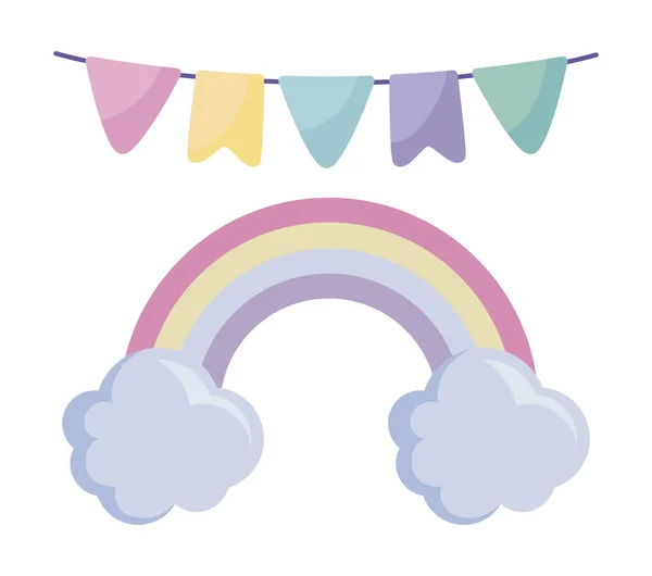 Arco iris con nubes y guirnaldas colgando — Vector de stock