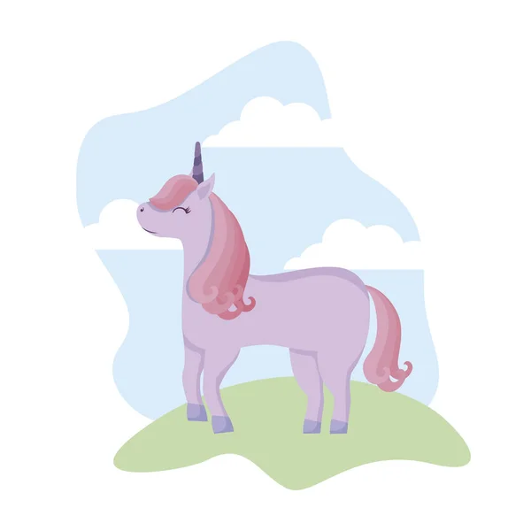 Unicorn lucu hewan di lanskap - Stok Vektor