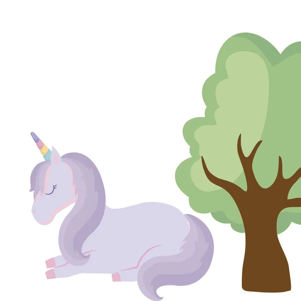 Unicorn cute hewan dengan tanaman pohon - Stok Vektor
