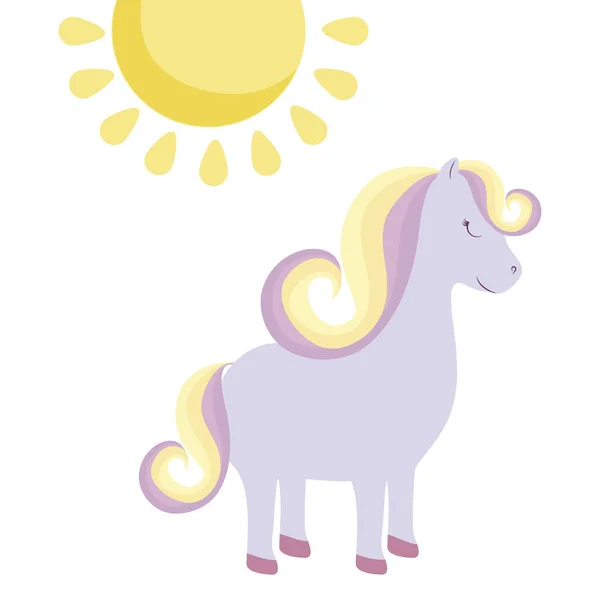 Unicorn lucu dengan ikon matahari terisolasi - Stok Vektor