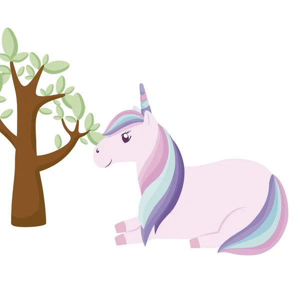Cute unicorn animal with tree plant — Stock Vector
