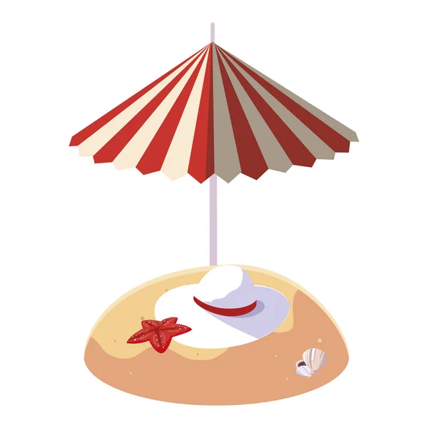 Playa de arena de verano con sombrilla y sombrero femenino — Vector de stock