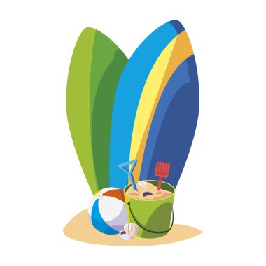 sörf panoları ve set simgeleri ile yaz kum plaj