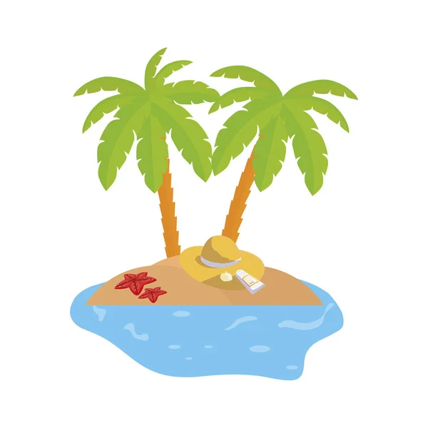 夏季海岸线场景与棕榈树和草帽 — 图库矢量图片