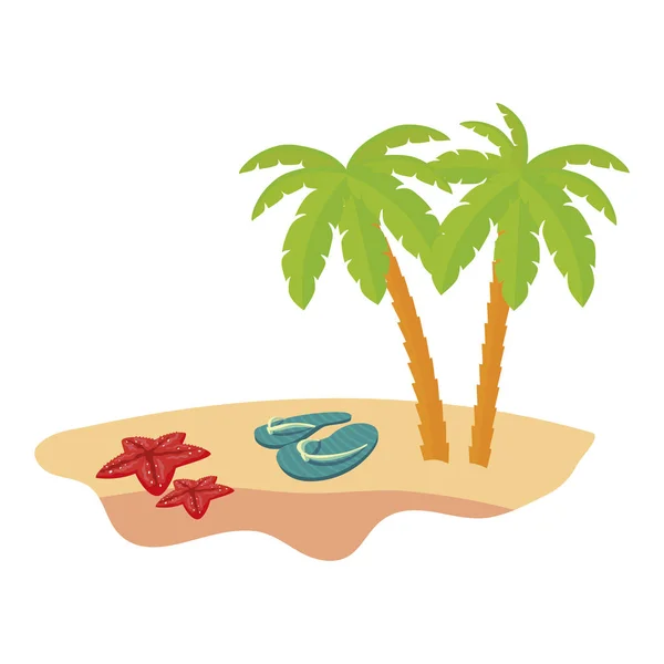Scène de plage d'été avec palmiers et tongs — Image vectorielle