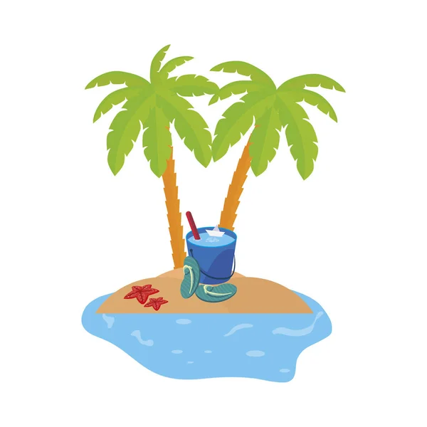 Scène de littoral d'été avec paumes et seau d'eau — Image vectorielle