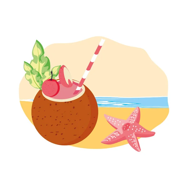 코코넛 칵테일과 해변에서 귀여운 불가사리 동물 — 스톡 벡터