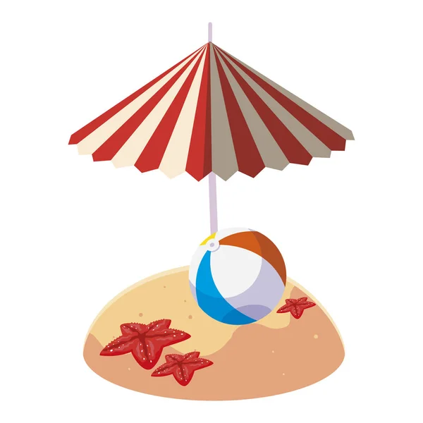 Playa de arena de verano con sombrilla y globo de juguete — Vector de stock