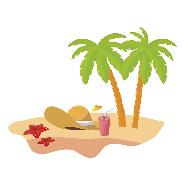 夏季海滩场景与树棕榈树和草帽 — 图库矢量图片