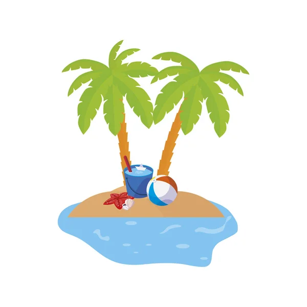 Scène de littoral d'été avec paumes et seau d'eau — Image vectorielle