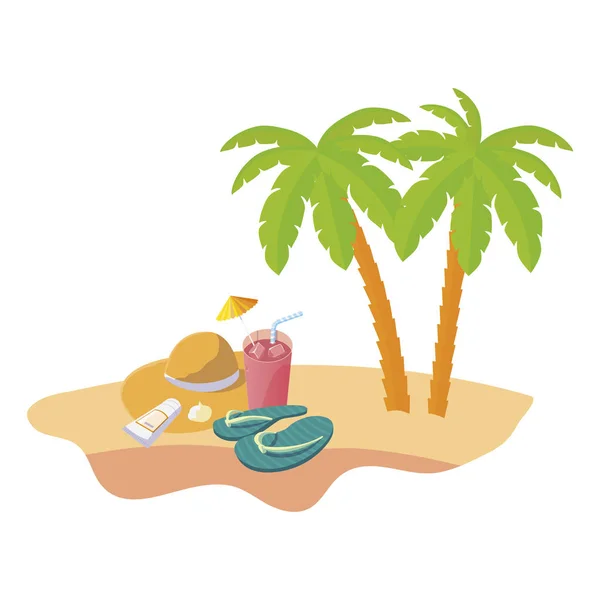 나무 야자수와 밀짚 모자와 여름 해변 장면 — 스톡 벡터