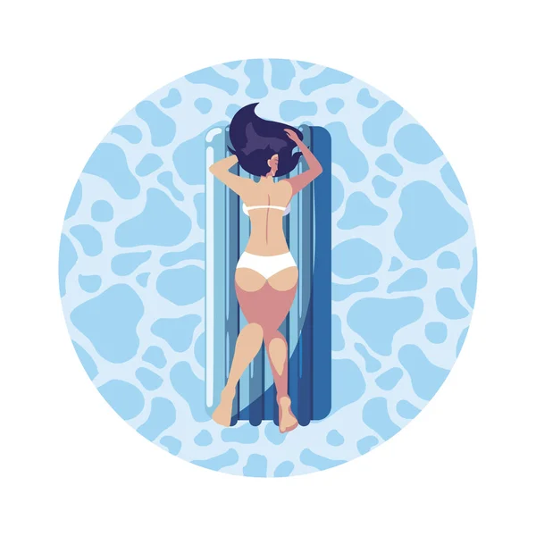 Mujer bronceándose en colchón flotante flotando en el agua — Vector de stock