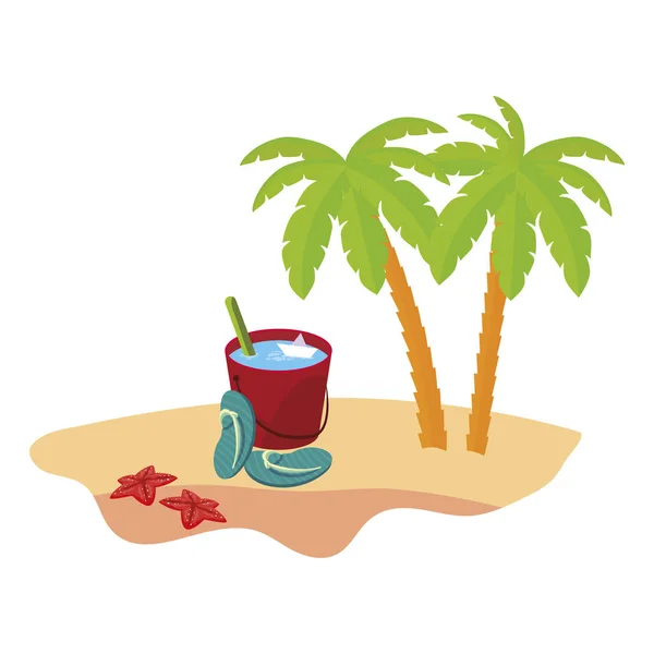 Summer beach scene with tree palms and water bucket toy Royalty Free Stock Illustrations