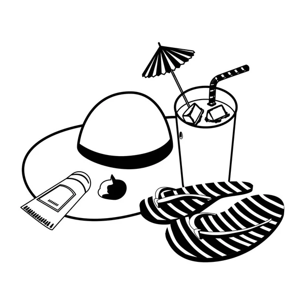 Summer straw hat with cocktail and flip flops — ストックベクタ