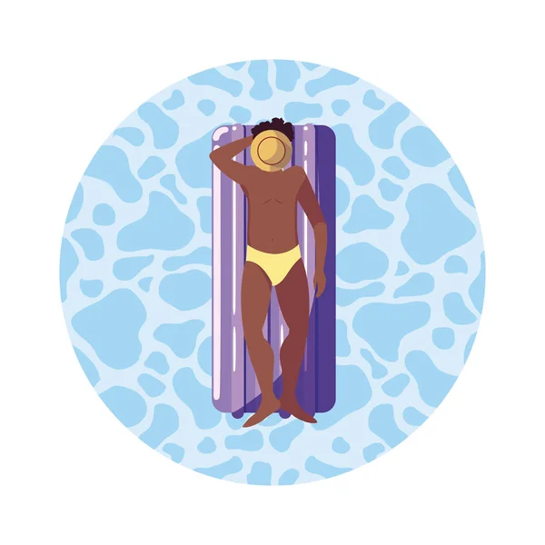Afro man met badpak en float matras in water — Stockvector