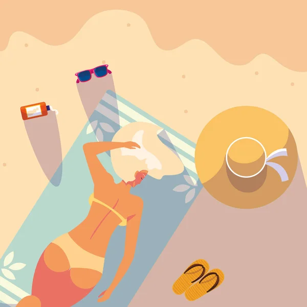 Mulher com roupa de banho bronzeada na praia — Vetor de Stock