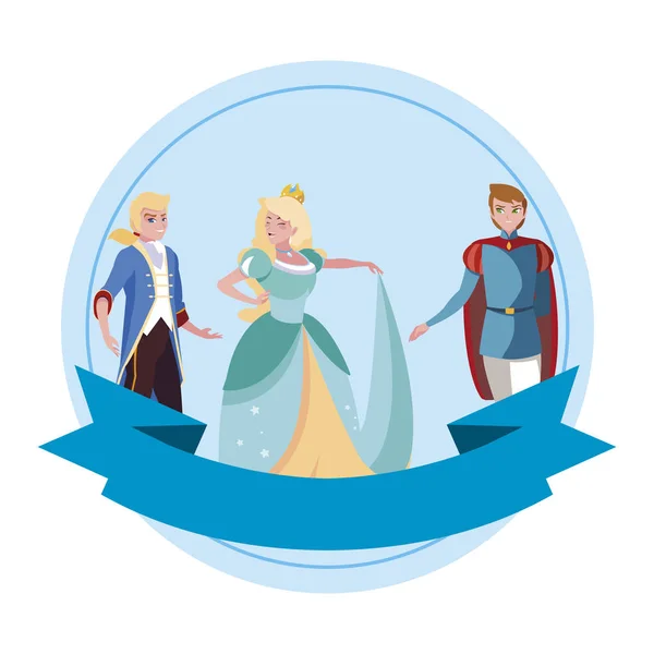 Bela princesa com príncipes de personagens contos — Vetor de Stock
