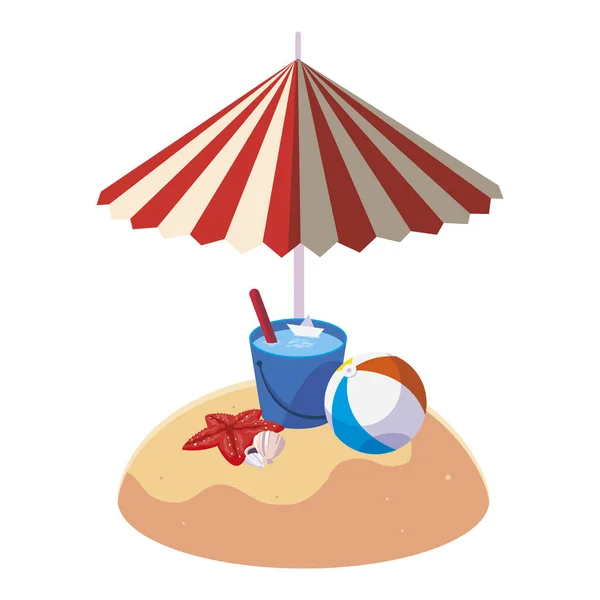 Playa de arena de verano con sombrilla y cubo de agua — Vector de stock