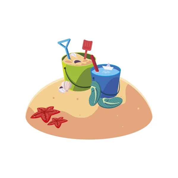 Summer sand beach with sand bucket toy scene — Stockvector