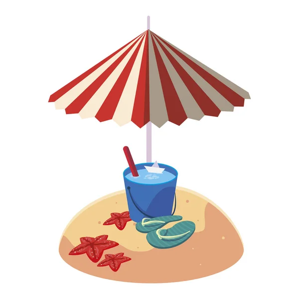 Playa de arena de verano con sombrilla y cubo de agua — Vector de stock