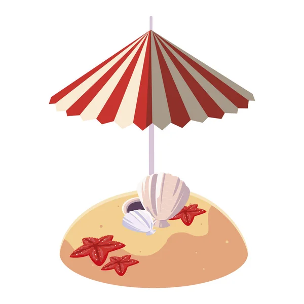 Plage de sable d'été avec parasol et coquillages — Image vectorielle