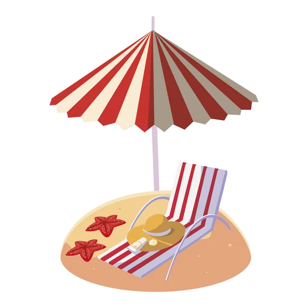 Playa de arena de verano con sombrilla y silla — Vector de stock