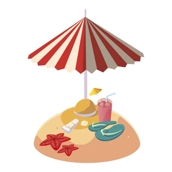 Playa de arena de verano con sombrilla y sombrero de paja — Vector de stock