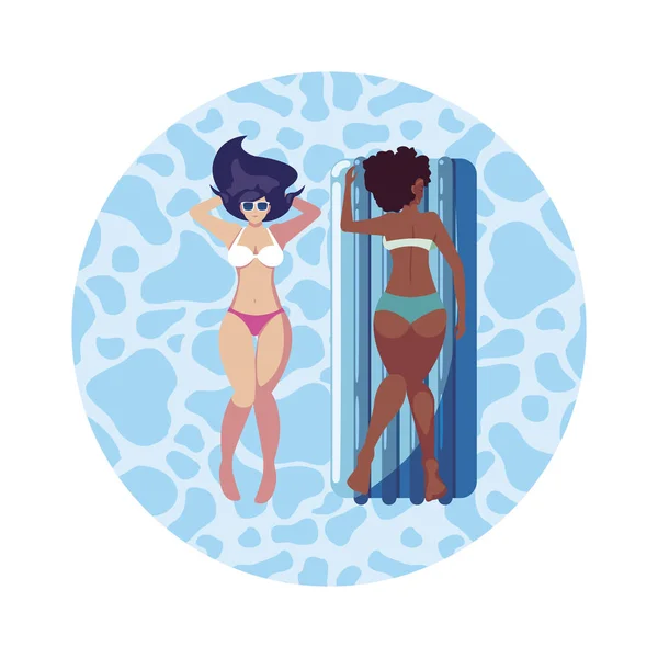 Hermosas chicas interracial con colchón de flotador en el agua — Vector de stock