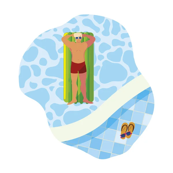 Mladý muž s plavním oblečku a plovoucí matrací v bazénu — Stockový vektor