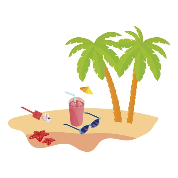 나무 야자수와 선글라스와 여름 해변 장면 — 스톡 벡터