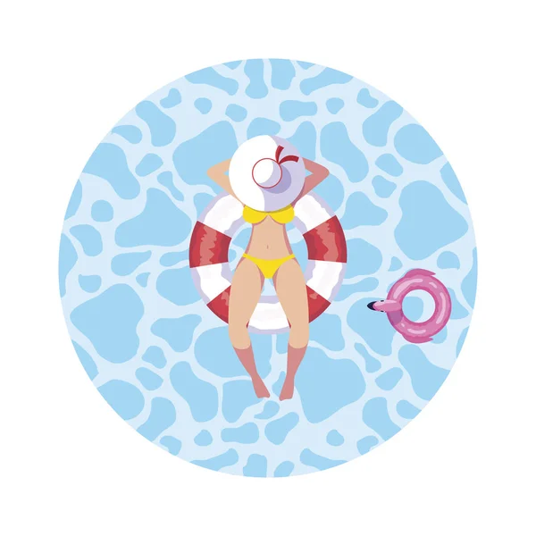 Woman with swimsuit and lifeguard float floating in water — Stock Vector