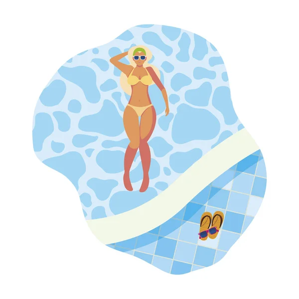 Bella donna con costume da bagno galleggiante in piscina — Vettoriale Stock