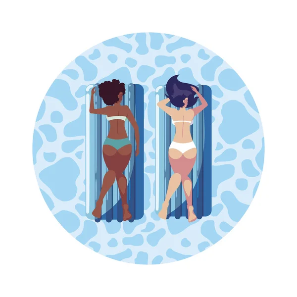 Hermosas chicas interracial con colchón de flotador en el agua — Vector de stock