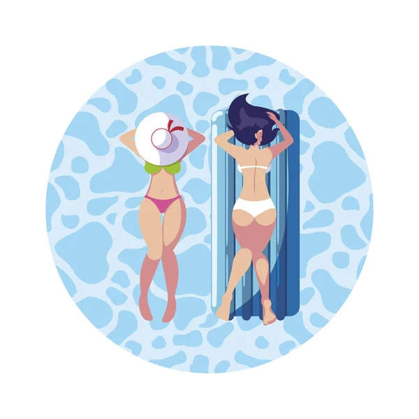 Hermosas chicas con colchón flotante flotando en el agua — Vector de stock