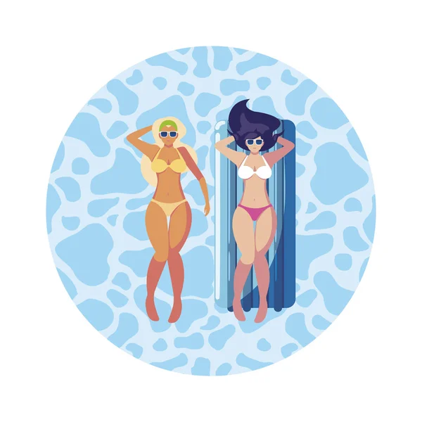 Hermosas chicas con colchón flotante flotando en el agua — Vector de stock