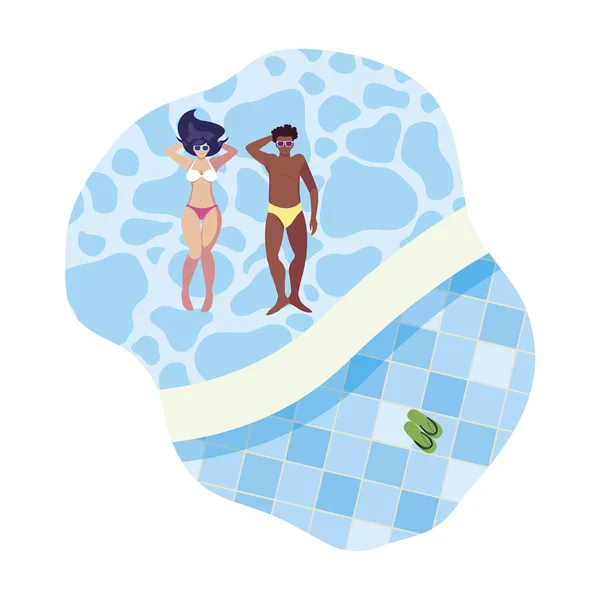 Interracial par med baddräkt flyter i vatten — Stock vektor