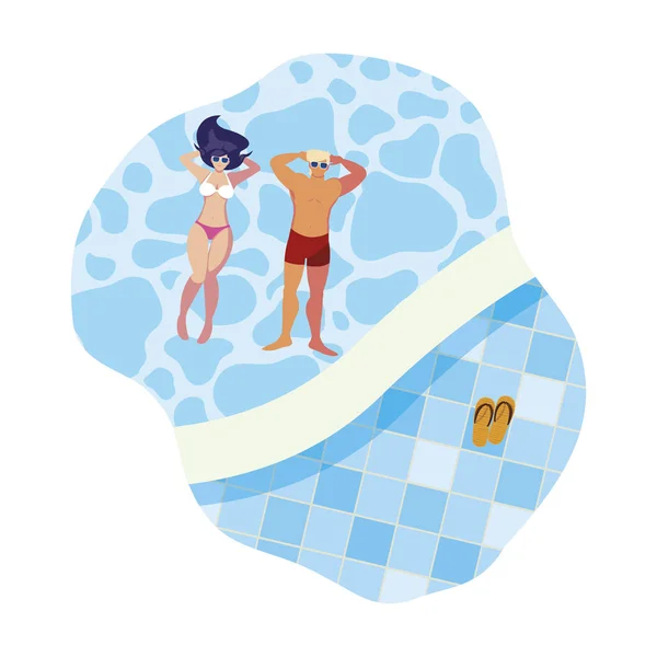 Jovem casal com maiô flutuando na água —  Vetores de Stock