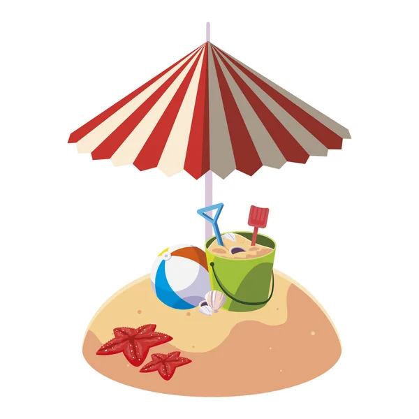 Playa de arena de verano con sombrilla y cubo de arena juguete — Vector de stock