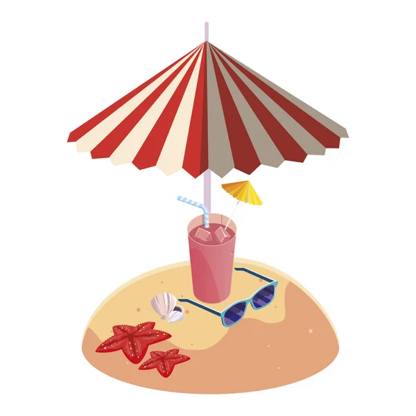 Playa de arena de verano con sombrilla y cóctel — Vector de stock