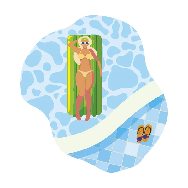 Όμορφη γυναίκα με το στρώμα που επιπλέει στην πισίνα — Διανυσματικό Αρχείο