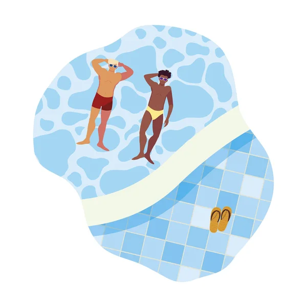 Interrazziale uomini con costume da bagno galleggiante in acqua — Vettoriale Stock