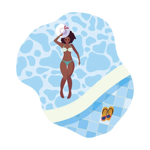 Beautiful afro woman with swimsuit floating in pool — Stock Vector