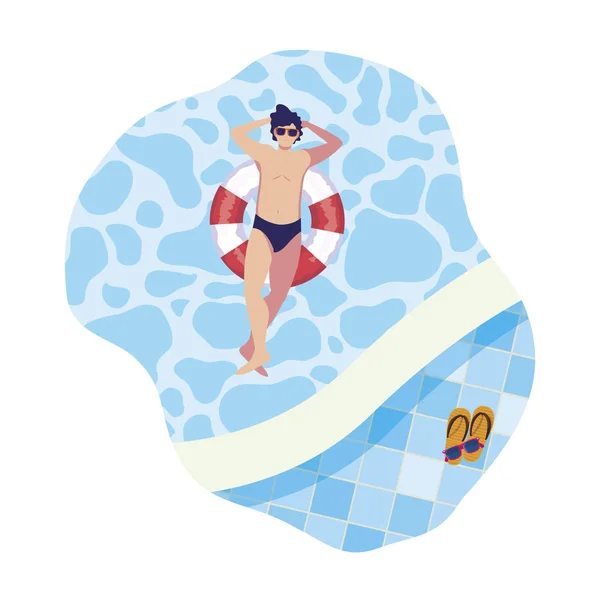 Young man with swimsuit and float lifeguard in pool — Stock Vector