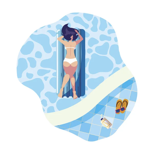 Mujer bronceándose en colchón flotante flotando en la piscina — Archivo Imágenes Vectoriales