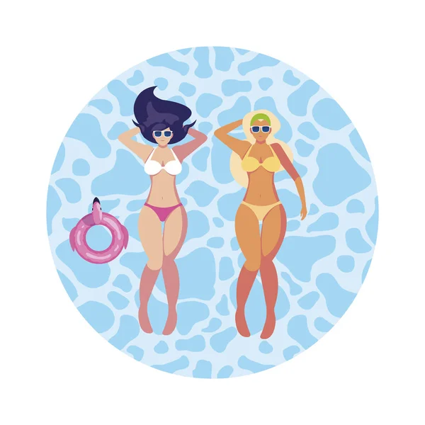 Beautiful girls couple with swimsuits floating in water — Stock Vector