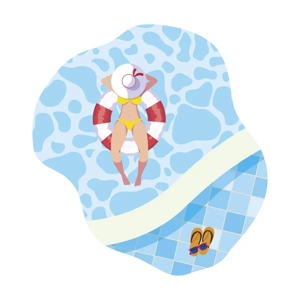 Mujer con traje de baño y salvavidas flotando en la piscina — Vector de stock