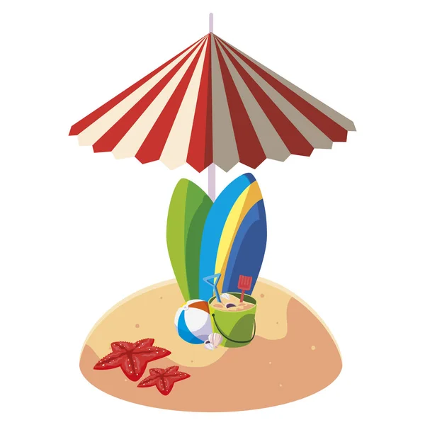 Summer sand beach with umbrella and surfboards — Stock Vector